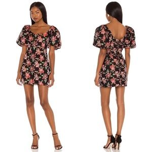 MinkPink Black Brocade Floral Printed Puff Sleeve Larache Mini Dress